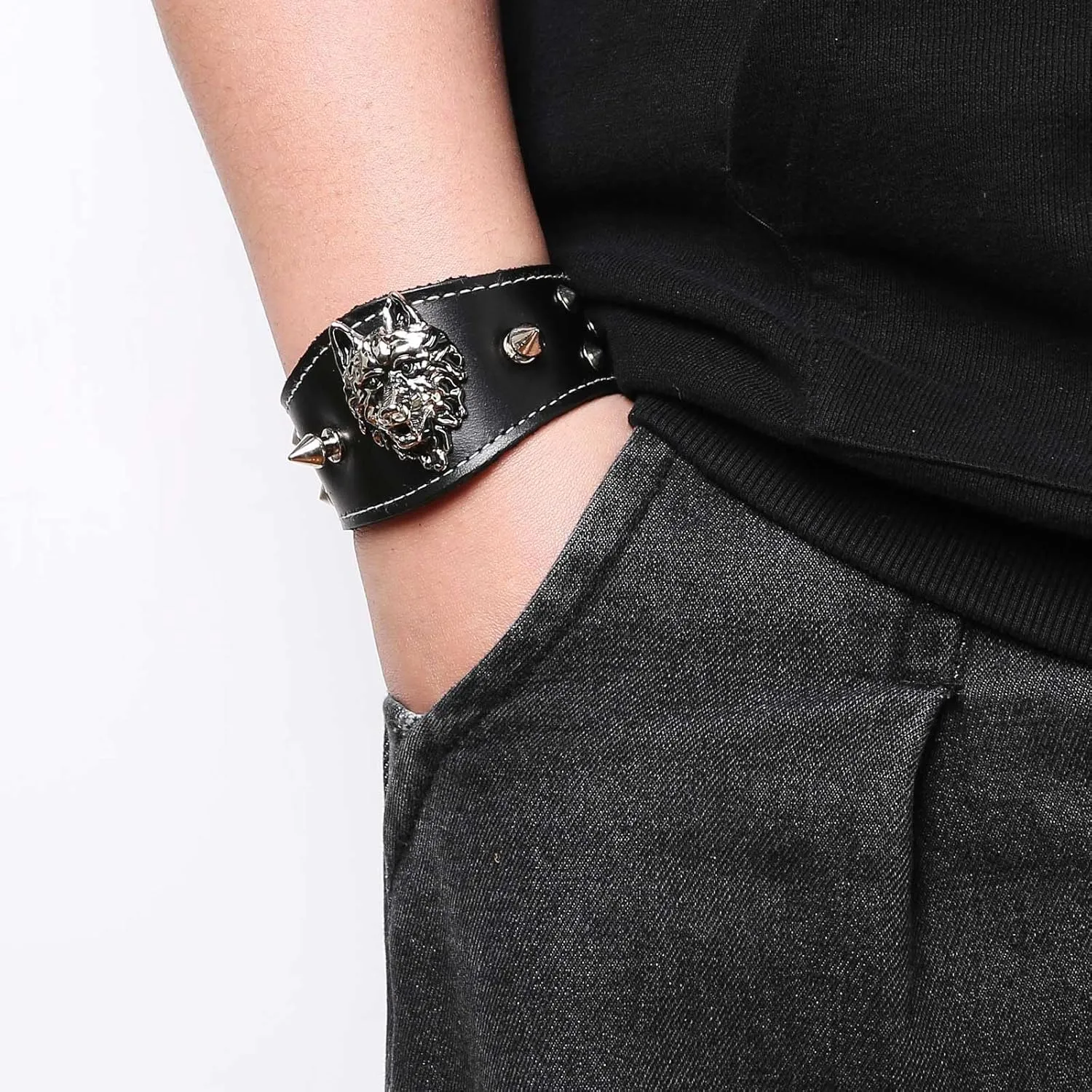 HZMAN Genuine Leather Bracelets for Men Viking Wolf Leather Cuff Bracelet Spike Rivet Leather Wristband Bracelet Jewelry Gift
