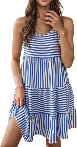 JOAU Women's Summer Boho Striped Print Mini Tank Dress Beach Vacation Casual Sleeveless Tiered Ruffle Swing A Line Sundress