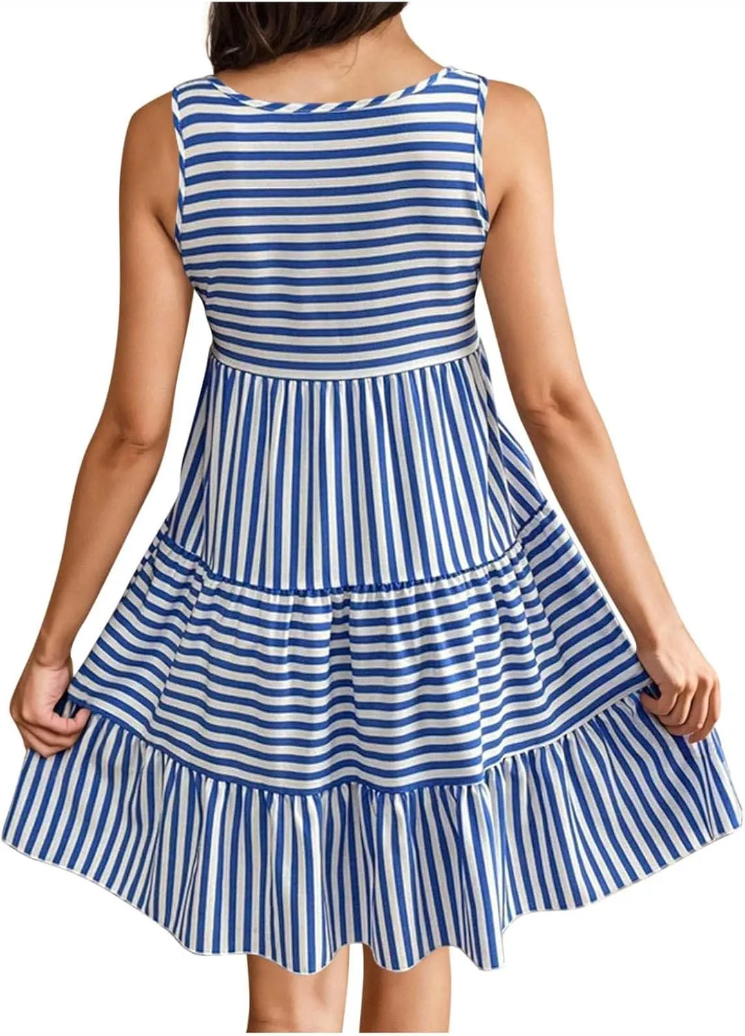 JOAU Women's Summer Boho Striped Print Mini Tank Dress Beach Vacation Casual Sleeveless Tiered Ruffle Swing A Line Sundress