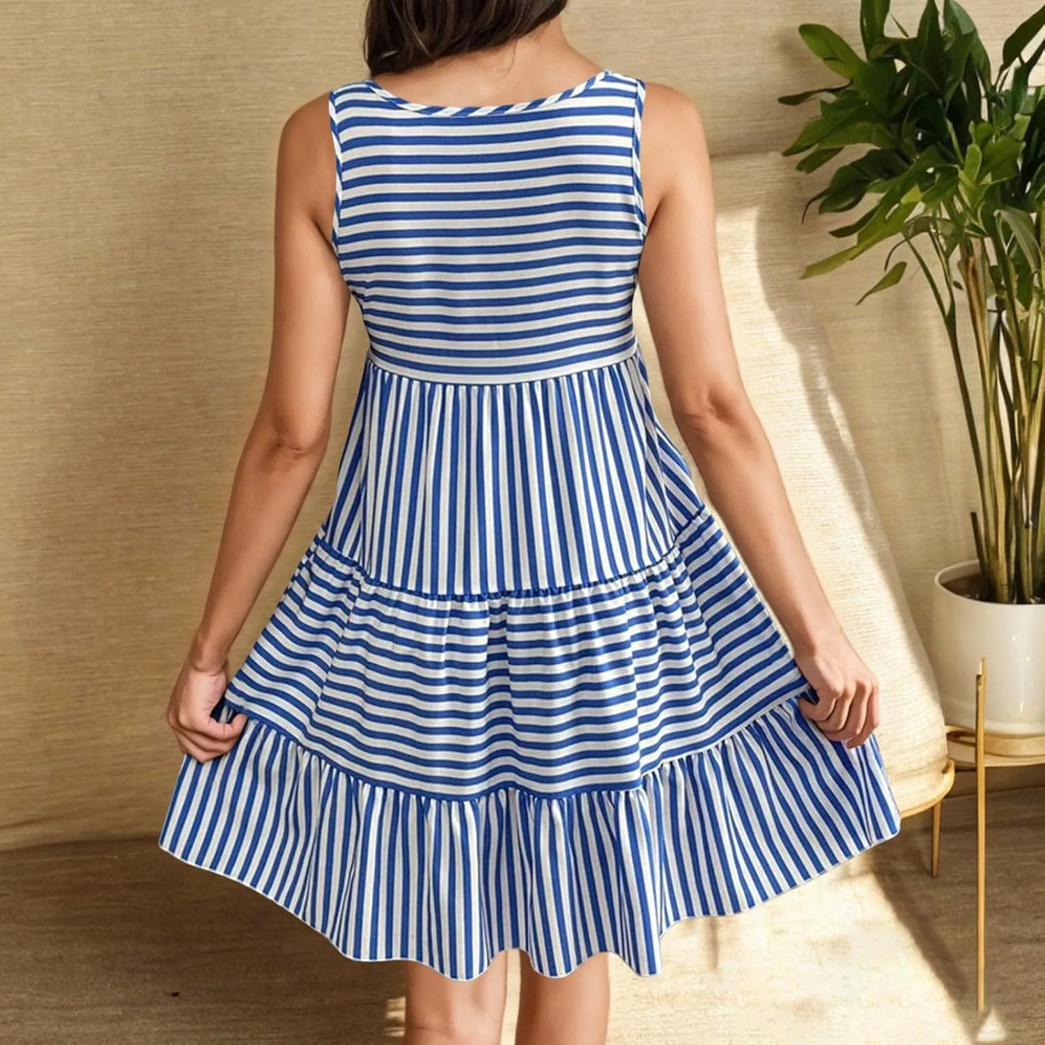 JOAU Women's Summer Boho Striped Print Mini Tank Dress Beach Vacation Casual Sleeveless Tiered Ruffle Swing A Line Sundress