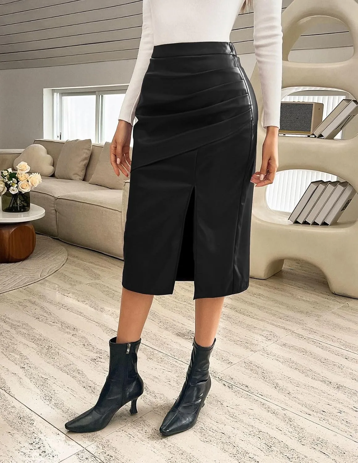 Kate Kasin 2024 Women's Faux Leather Skirts Front Slit Ruched Tummy Control High Waist Bodycon Midi Pencil Skirt S-XXL