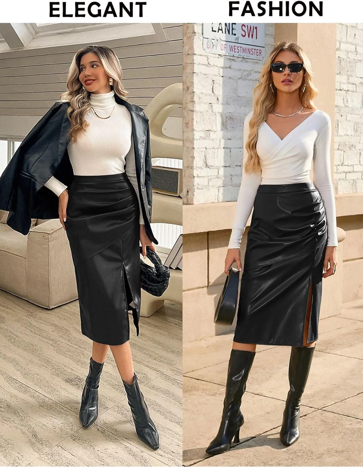 Kate Kasin 2024 Women's Faux Leather Skirts Front Slit Ruched Tummy Control High Waist Bodycon Midi Pencil Skirt S-XXL