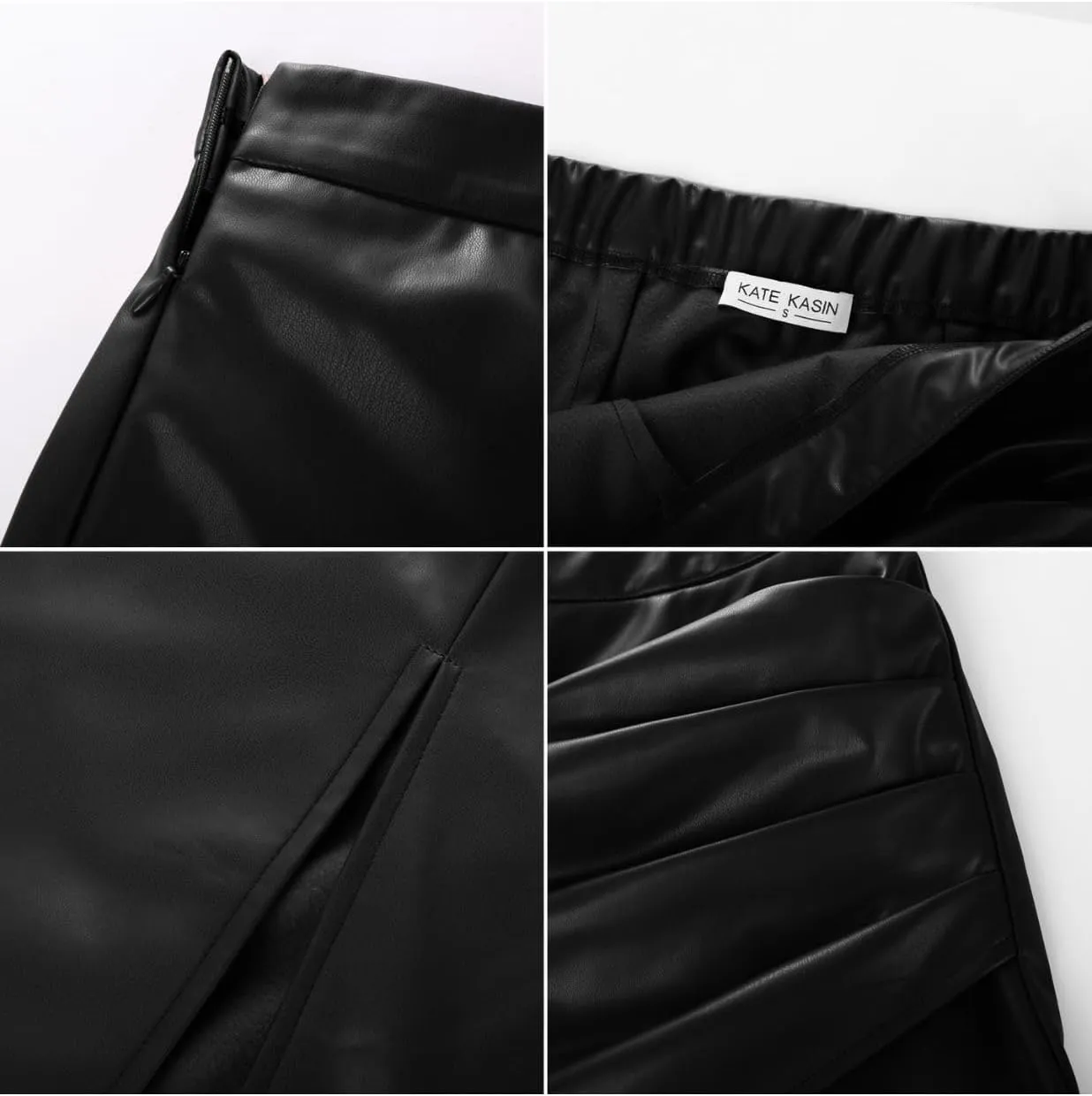 Kate Kasin 2024 Women's Faux Leather Skirts Front Slit Ruched Tummy Control High Waist Bodycon Midi Pencil Skirt S-XXL