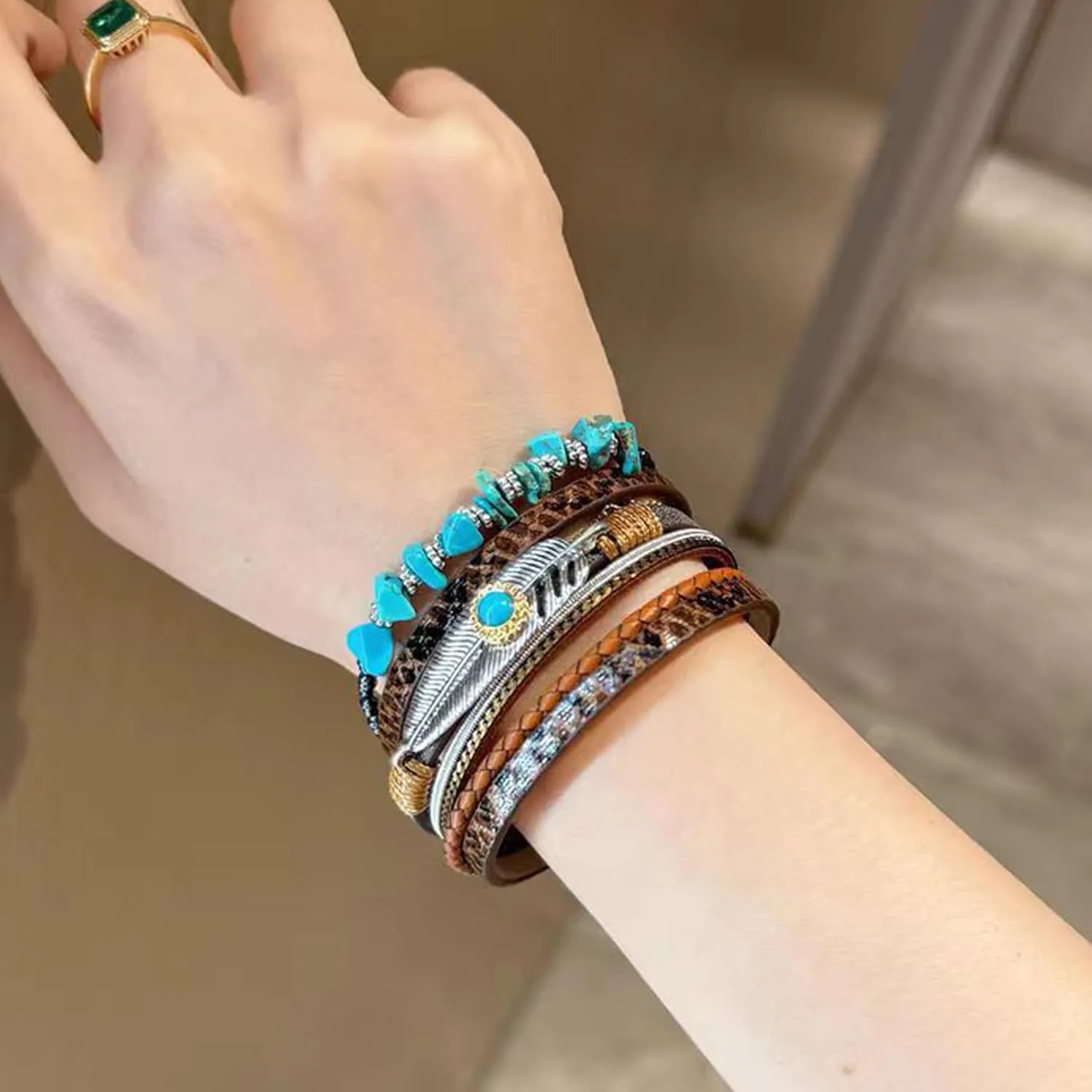 Long tiantian Western Bracelets for Women Boho Leather Wrap Bracelets Turquoise Beaded Bracelet Western Jewelry Country Concert Outfits