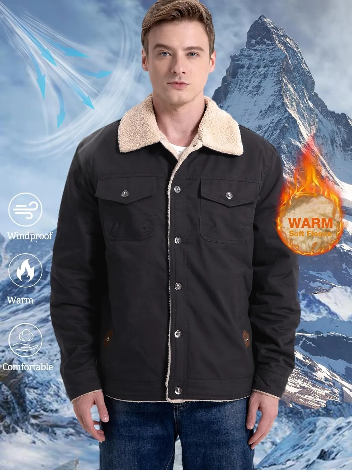 MANSDOUR Men's Winter Cargo Jacket Warm Cotton Fleece lined Sherpa Jackets Military Trucker Work Coat