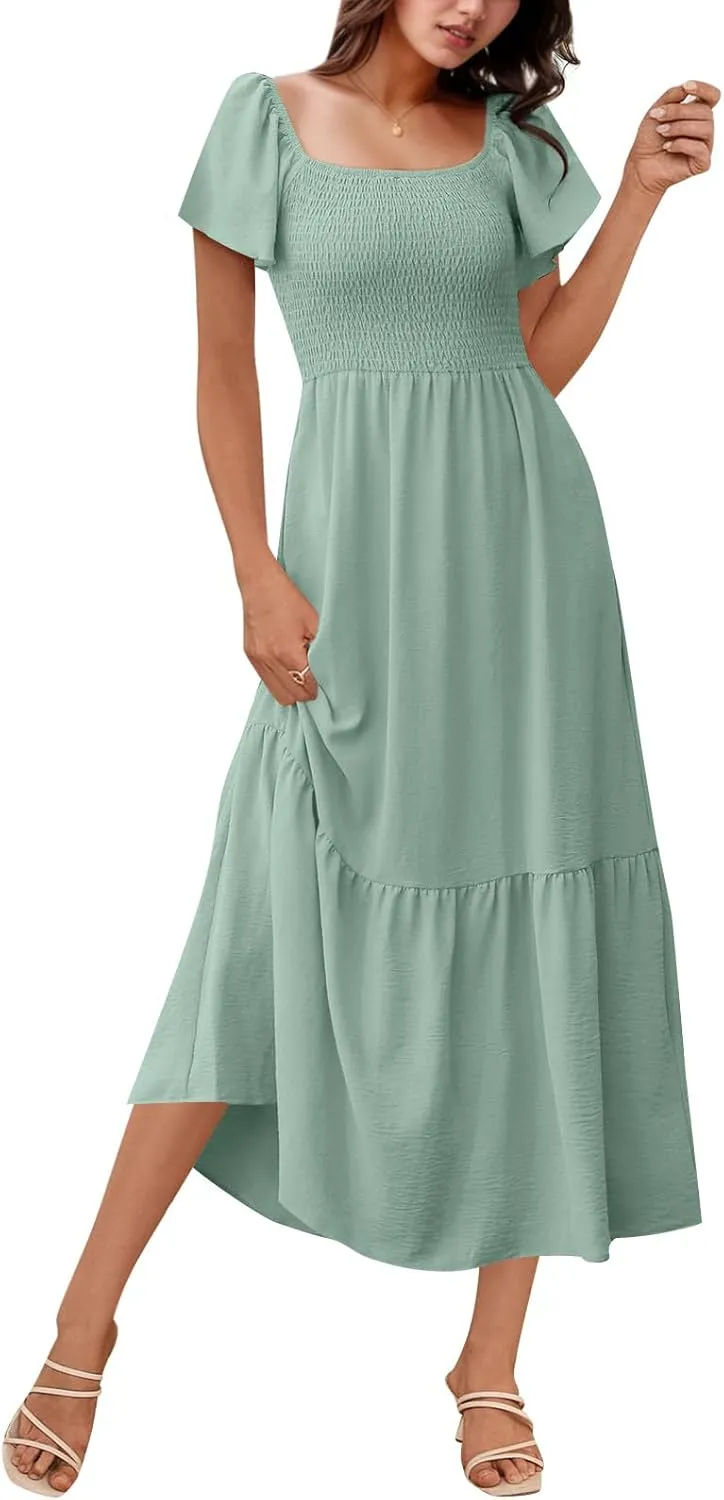 Maxi Summer Dresses for Women Smocked Square Neck Flutter Sleeve Dress Elegant Classy a Line Dresses with Pockets