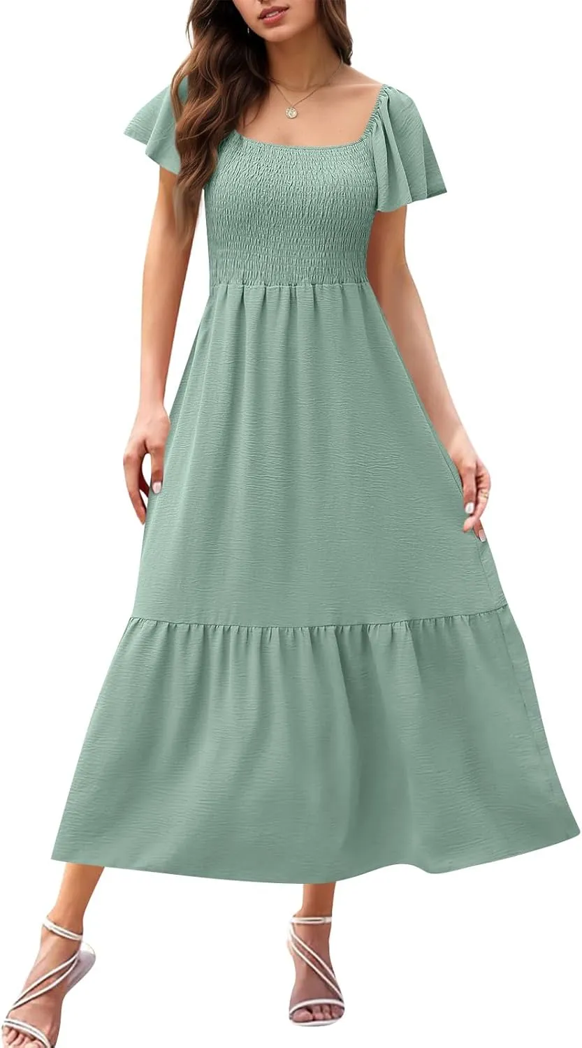 Maxi Summer Dresses for Women Smocked Square Neck Flutter Sleeve Dress Elegant Classy a Line Dresses with Pockets