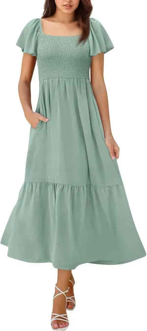 Maxi Summer Dresses for Women Smocked Square Neck Flutter Sleeve Dress Elegant Classy a Line Dresses with Pockets