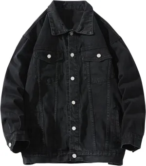 Mens Casual Stylish Denim Jackets Button Down Lapel Long Sleeve Jean Jacket Loose Antique Washed Trucker Coats