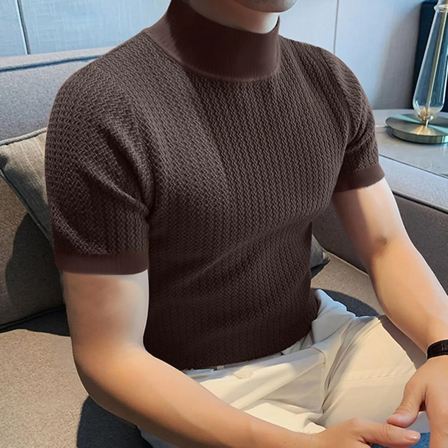 Mens Mock Turtleneck T Shirt Solid Ribbed Knit High Collar Short Sleeve Tops Spring Summer Slim Muscle Undershirt