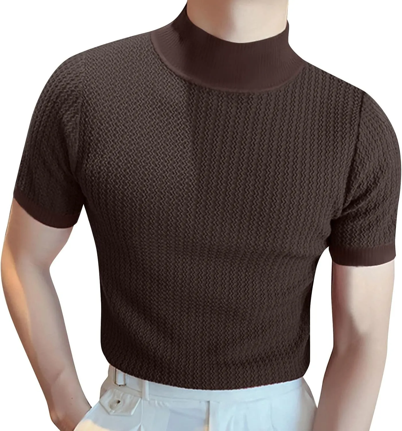 Mens Mock Turtleneck T Shirt Solid Ribbed Knit High Collar Short Sleeve Tops Spring Summer Slim Muscle Undershirt