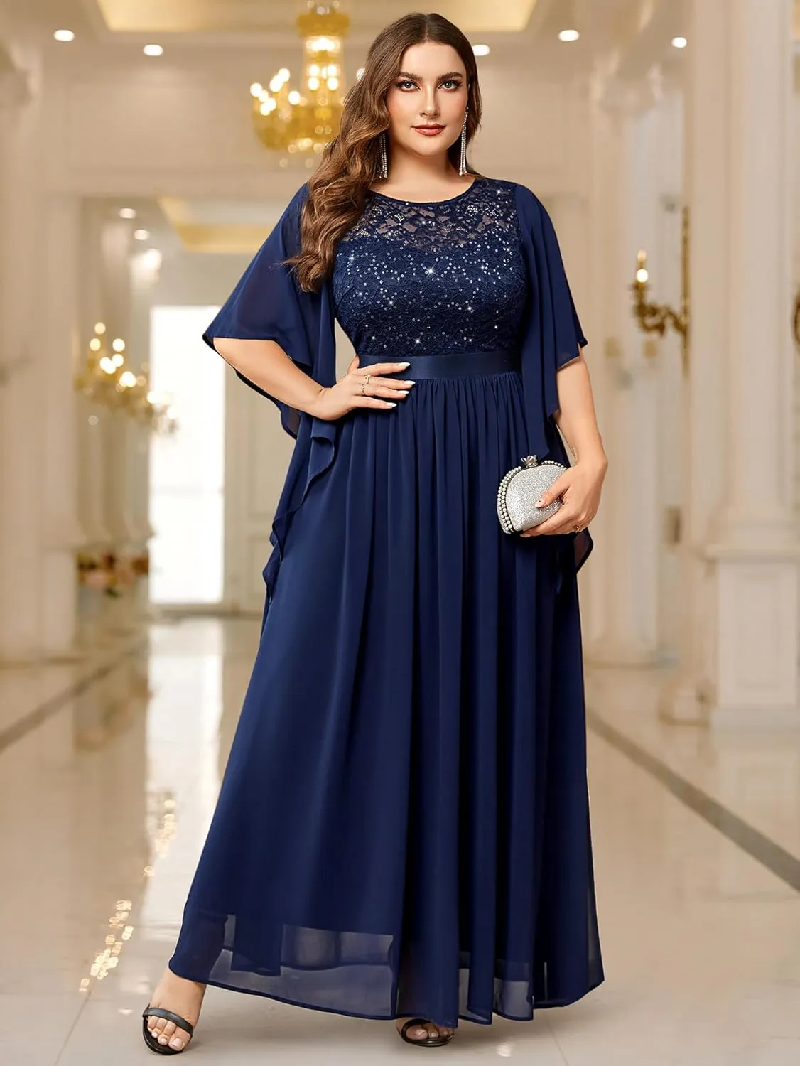 Miusol Women's Plus Size Sequin Lace with Ruffle Cape Cloak Sleeves Elegant Evening Wedding Party Maxi Dress