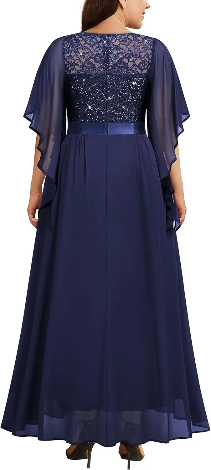 Miusol Women's Plus Size Sequin Lace with Ruffle Cape Cloak Sleeves Elegant Evening Wedding Party Maxi Dress