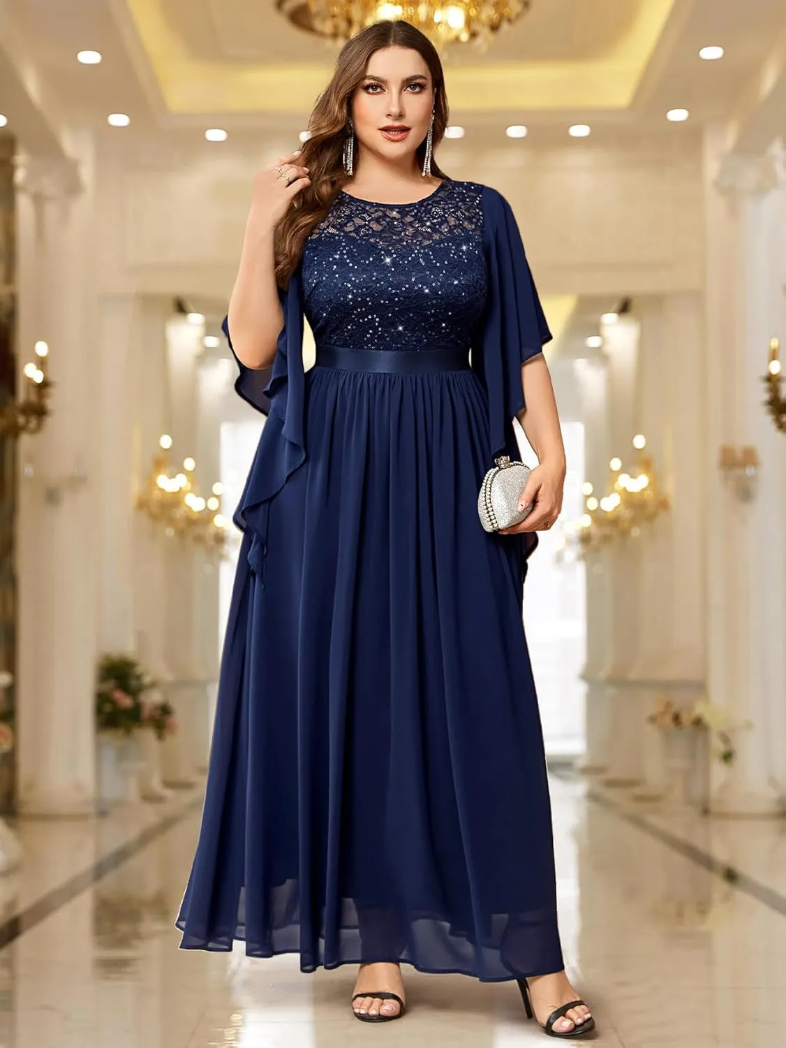 Miusol Women's Plus Size Sequin Lace with Ruffle Cape Cloak Sleeves Elegant Evening Wedding Party Maxi Dress
