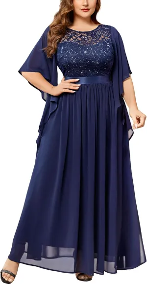 Miusol Women's Plus Size Sequin Lace with Ruffle Cape Cloak Sleeves Elegant Evening Wedding Party Maxi Dress