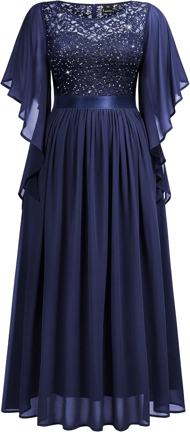 Miusol Women's Plus Size Sequin Lace with Ruffle Cape Cloak Sleeves Elegant Evening Wedding Party Maxi Dress