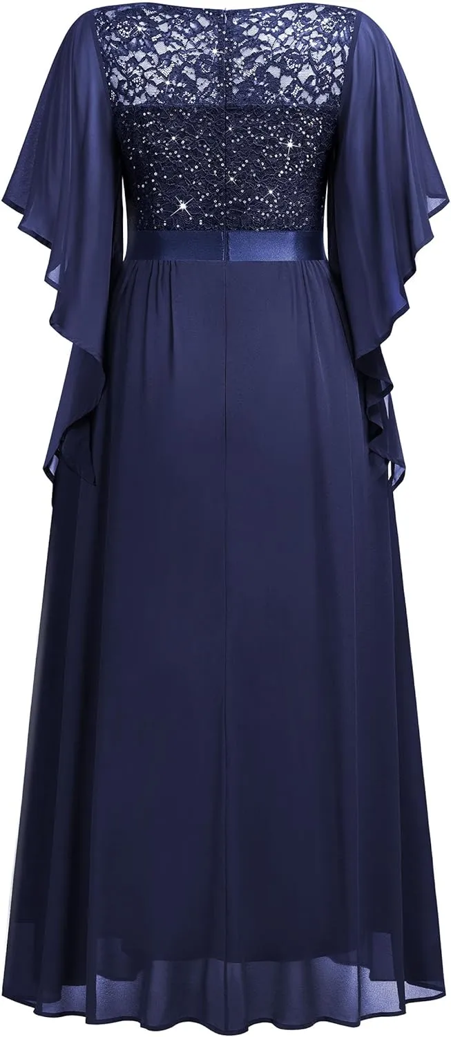 Miusol Women's Plus Size Sequin Lace with Ruffle Cape Cloak Sleeves Elegant Evening Wedding Party Maxi Dress