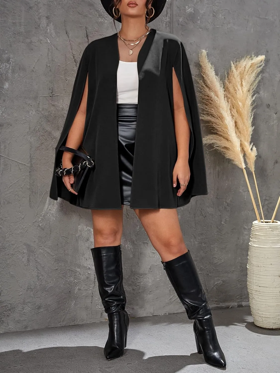 OYOANGLE Women's Plus Size Elegant Cape Blazer Split Long Sleeve Open Front Work Office Jacket Outerwear