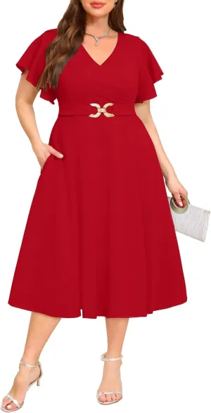 Pinup Fashion Women Plus Size Dresses for Wedding Guest - Cocktail Semi Formal A-Line Midi Dress with Pockets
