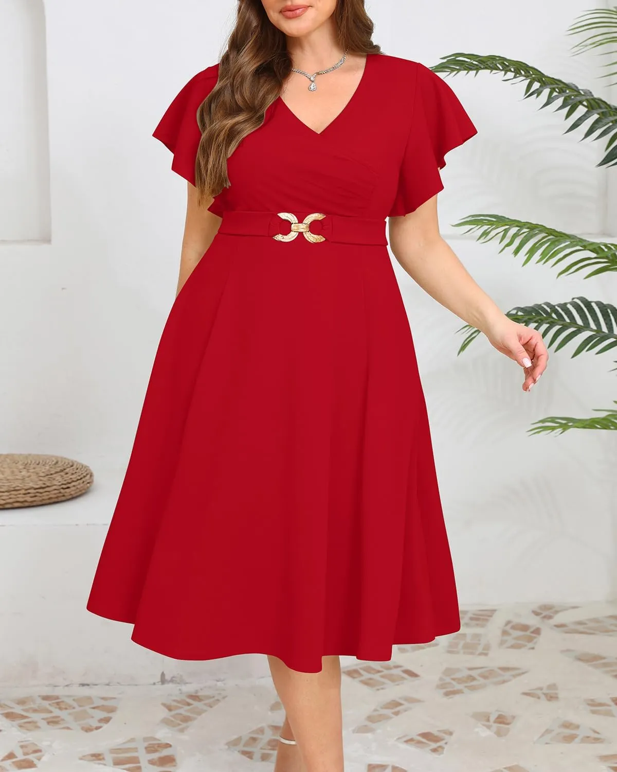 Pinup Fashion Women Plus Size Dresses for Wedding Guest - Cocktail Semi Formal A-Line Midi Dress with Pockets
