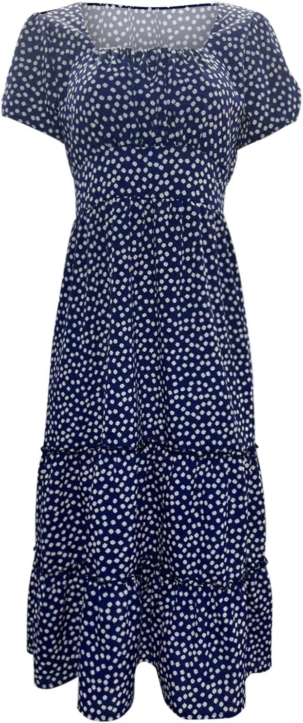 Polka Dot Dress for Women Milkmaid Sundress with Sleeves Square Neck A-Line Flowy Dresses Tiered Midi Dresses