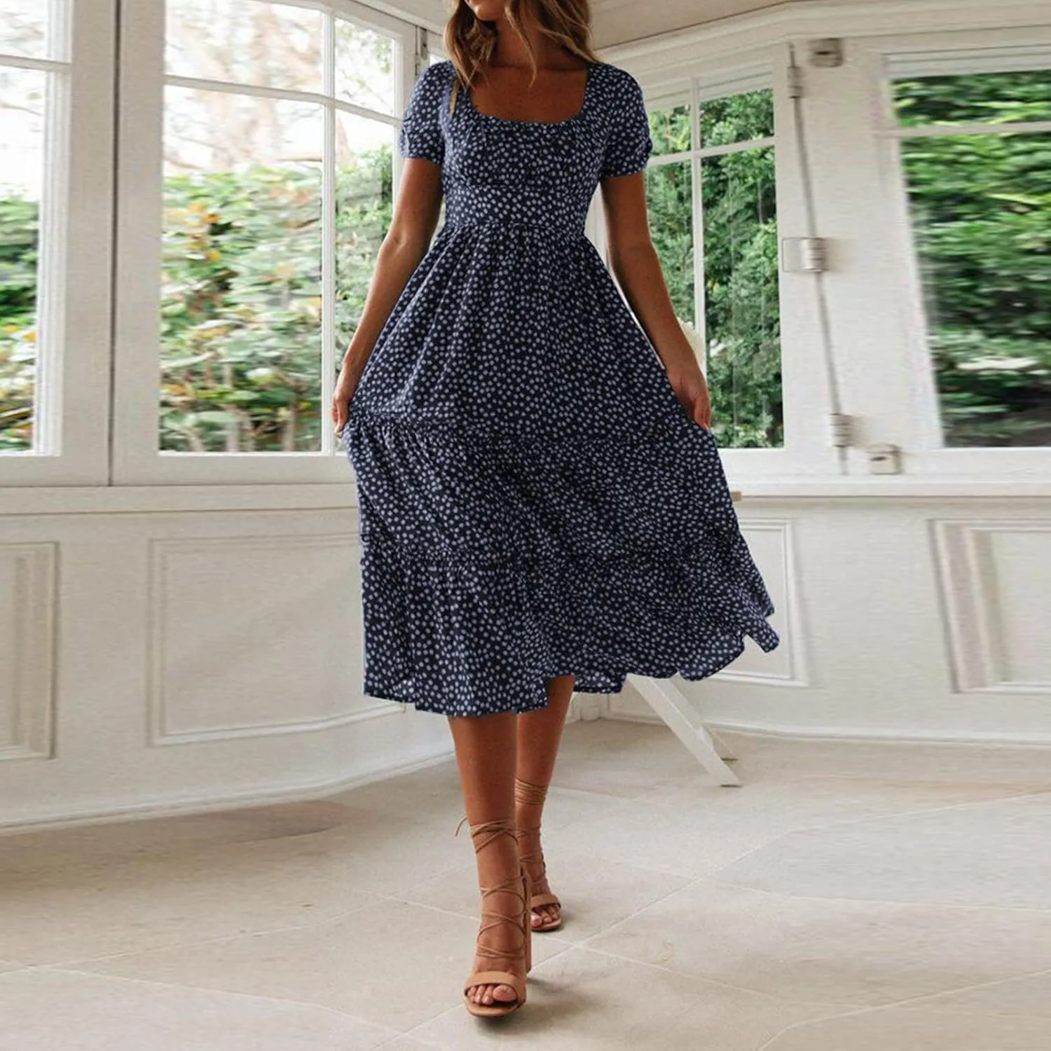 Polka Dot Dress for Women Milkmaid Sundress with Sleeves Square Neck A-Line Flowy Dresses Tiered Midi Dresses