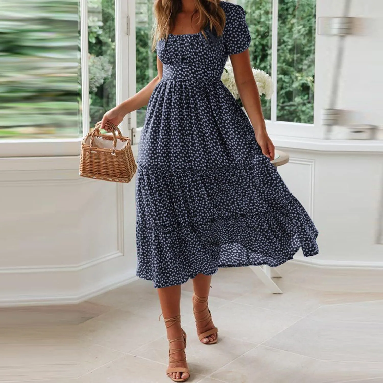Polka Dot Dress for Women Milkmaid Sundress with Sleeves Square Neck A-Line Flowy Dresses Tiered Midi Dresses