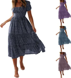 Polka Dot Dress for Women Milkmaid Sundress with Sleeves Square Neck A-Line Flowy Dresses Tiered Midi Dresses