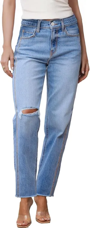 Sidefeel Women's High Waisted Boyfriend Jeans Trendy Ripped Straight Leg Raw Hem Stretchy Ankle Denim Pants