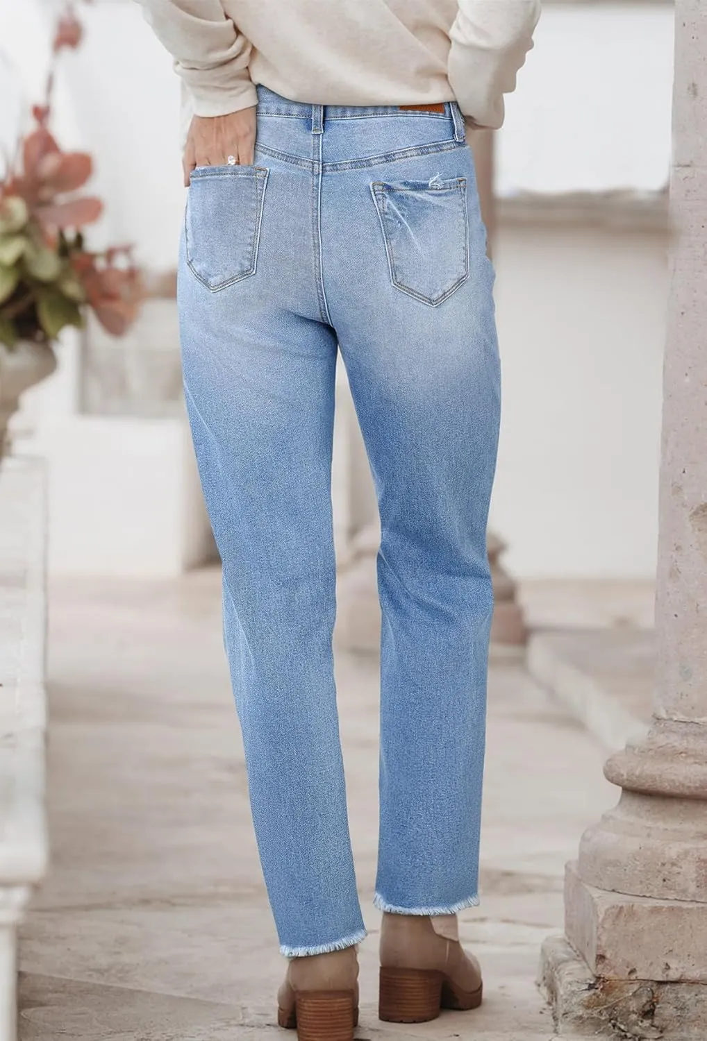 Sidefeel Women's High Waisted Boyfriend Jeans Trendy Ripped Straight Leg Raw Hem Stretchy Ankle Denim Pants