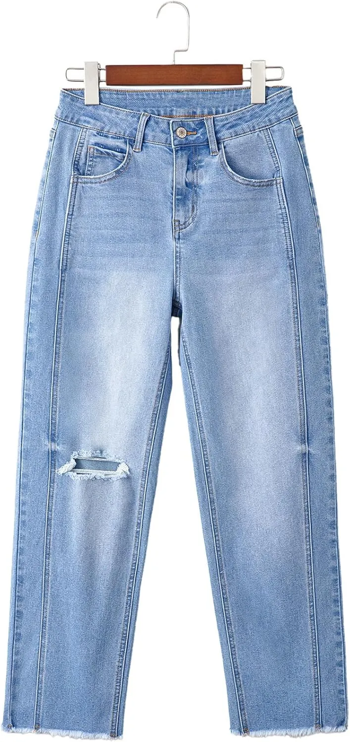 Sidefeel Women's High Waisted Boyfriend Jeans Trendy Ripped Straight Leg Raw Hem Stretchy Ankle Denim Pants
