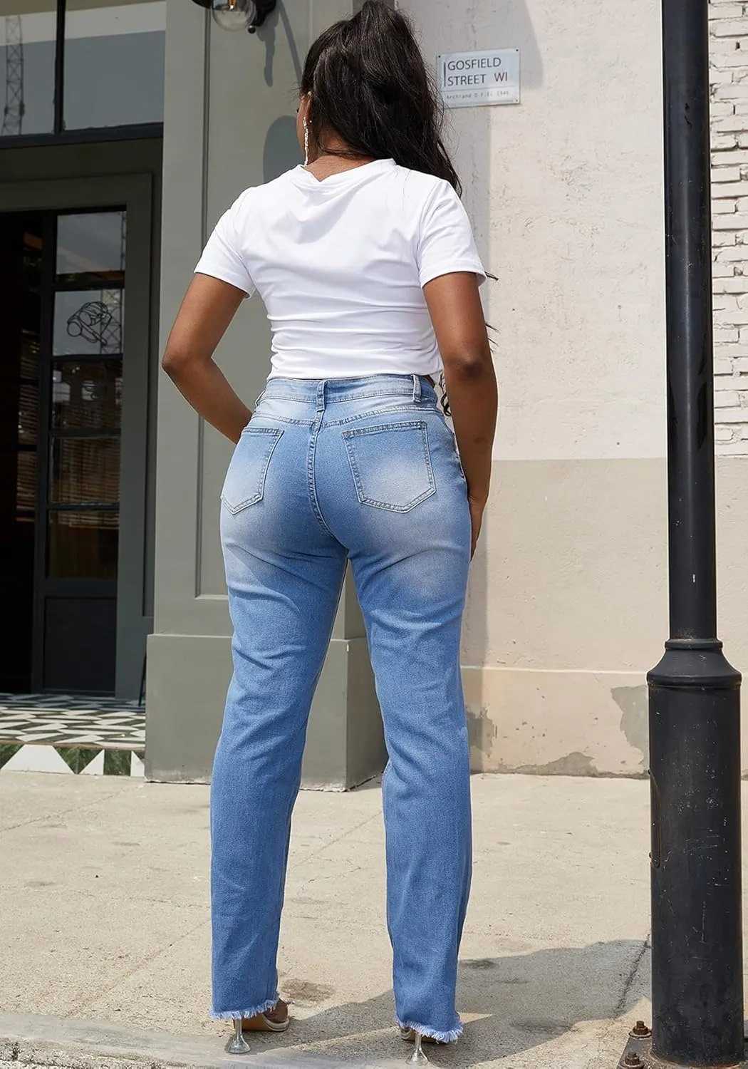 Tbahhir Ripped Jean for Women, High Waisted Jeans Distressed Straight Leg Denim Pants with Raw Hem Frayed Stretch