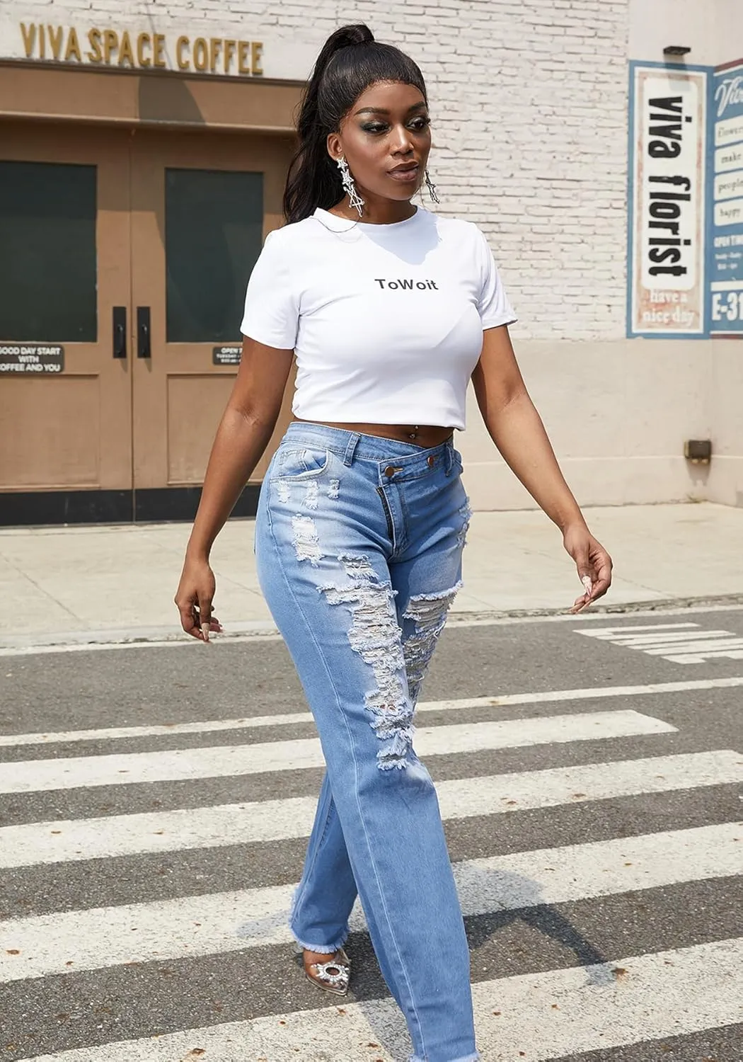 Tbahhir Ripped Jean for Women, High Waisted Jeans Distressed Straight Leg Denim Pants with Raw Hem Frayed Stretch