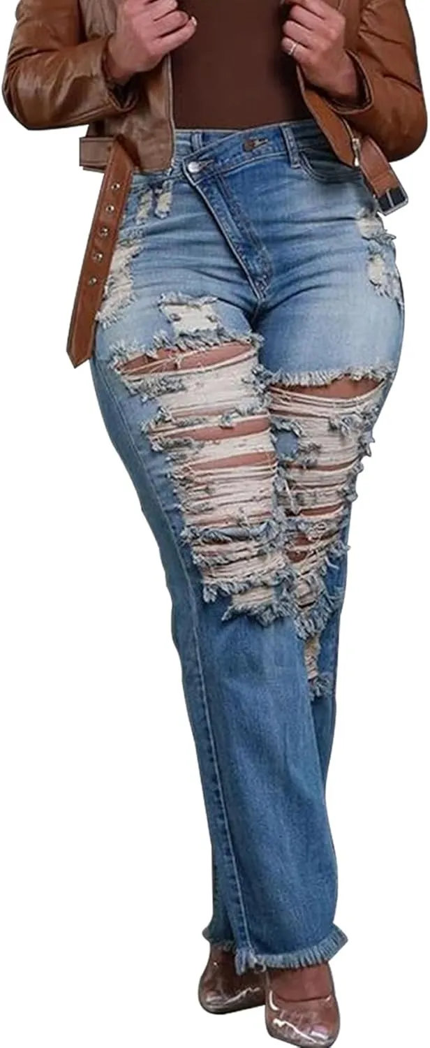 Tbahhir Ripped Jean for Women, High Waisted Jeans Distressed Straight Leg Denim Pants with Raw Hem Frayed Stretch