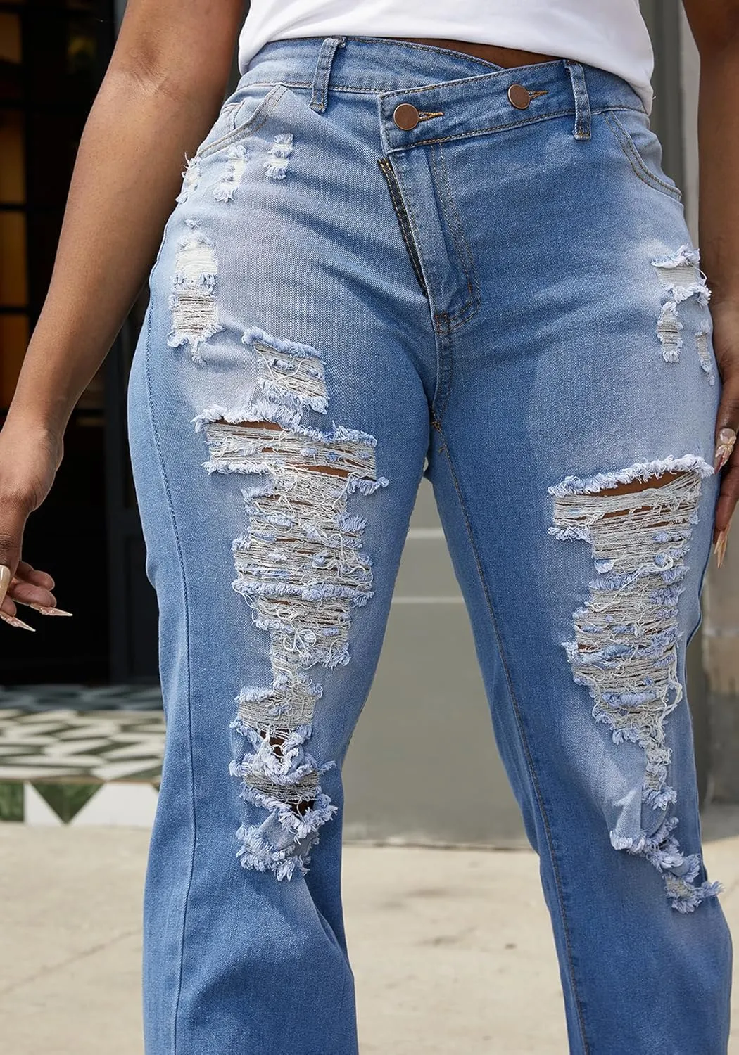 Tbahhir Ripped Jean for Women, High Waisted Jeans Distressed Straight Leg Denim Pants with Raw Hem Frayed Stretch