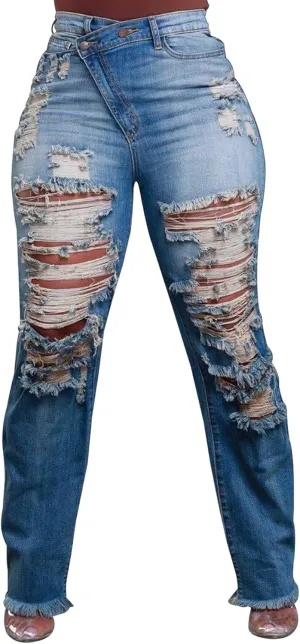 Tbahhir Ripped Jean for Women, High Waisted Jeans Distressed Straight Leg Denim Pants with Raw Hem Frayed Stretch