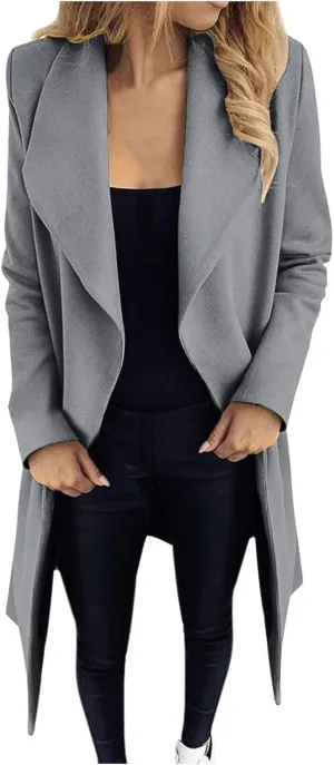 Trench Coats for Women Winter Wool Blend Camel Mid-Long Coat Long Sleeve Slim Casual Open Front Cardigans Outwear