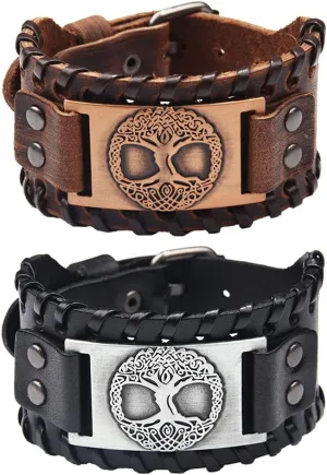 TURTLEDOVE 2 PCS Viking Tree of Life Leather Bracelet - Norse Wristband with Yggdrasil Amulet