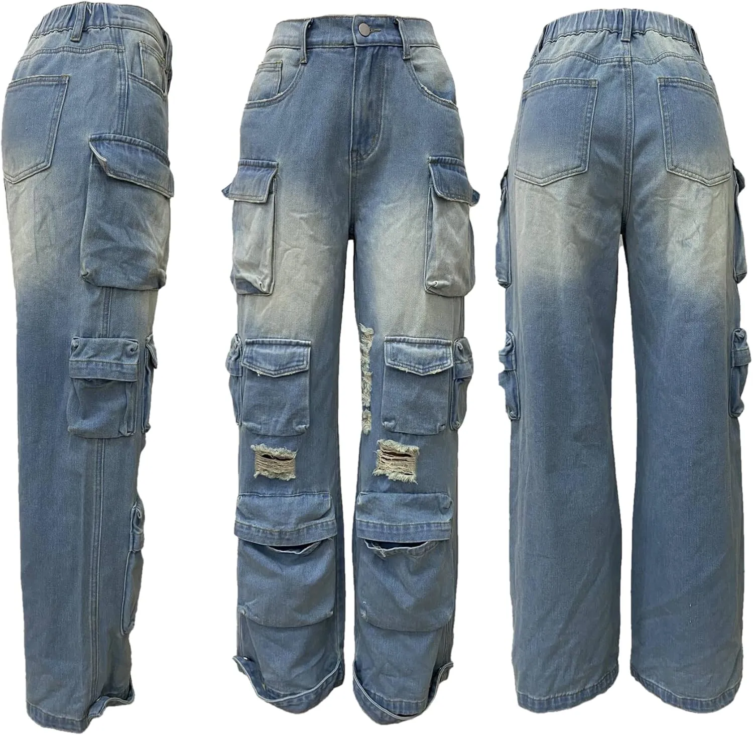 Vakkest High Waisted Cargo Jeans for Women Wide Leg Casual Baggy Trendy Denim Pants with Multi Pockets