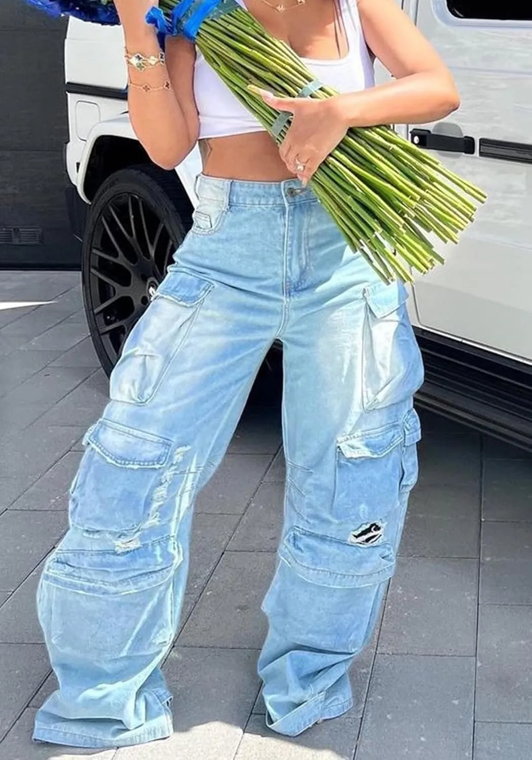 Vakkest High Waisted Cargo Jeans for Women Wide Leg Casual Baggy Trendy Denim Pants with Multi Pockets