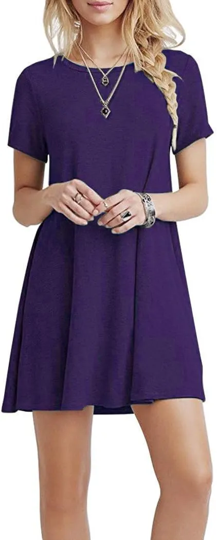 WNEEDU Women's Summer Casual T Shirt Dresses Short Sleeve Swing Dress with Pockets