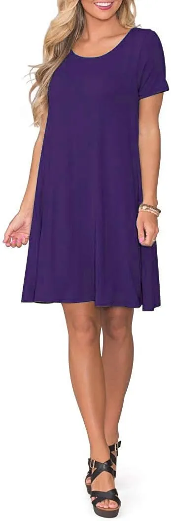 WNEEDU Women's Summer Casual T Shirt Dresses Short Sleeve Swing Dress with Pockets