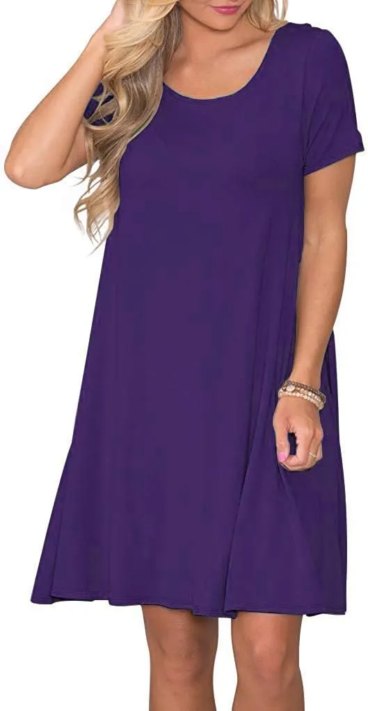 WNEEDU Women's Summer Casual T Shirt Dresses Short Sleeve Swing Dress with Pockets