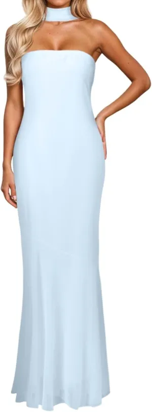 Women 2025 Summer Strapless Bodycon Midi Dress with Scarf Off Shoulder Strapless Side Slit Tube Long Club Party Dresses