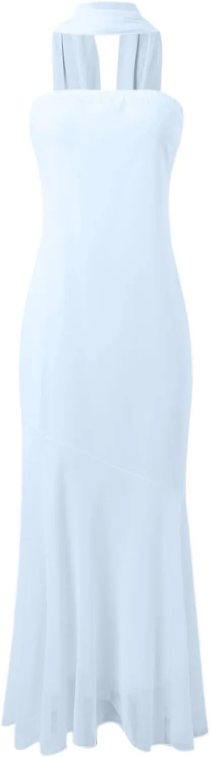 Women 2025 Summer Strapless Bodycon Midi Dress with Scarf Off Shoulder Strapless Side Slit Tube Long Club Party Dresses