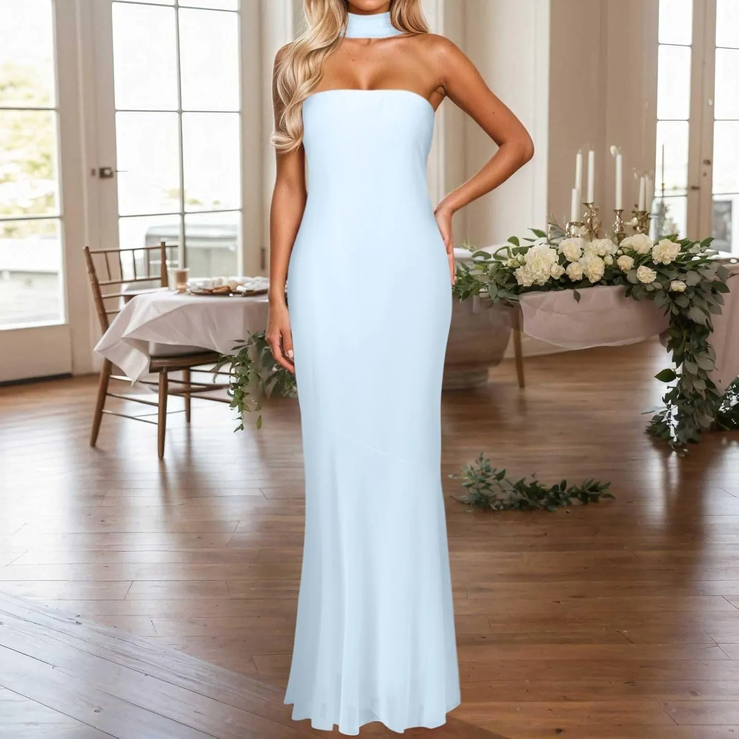 Women 2025 Summer Strapless Bodycon Midi Dress with Scarf Off Shoulder Strapless Side Slit Tube Long Club Party Dresses