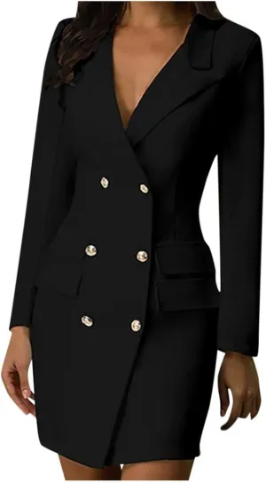 Women's Blazer Dresses Long Sleeve Button Front Elegant Solid Blazer Mini Dress Double Breasted Long Jacket Coat Dress