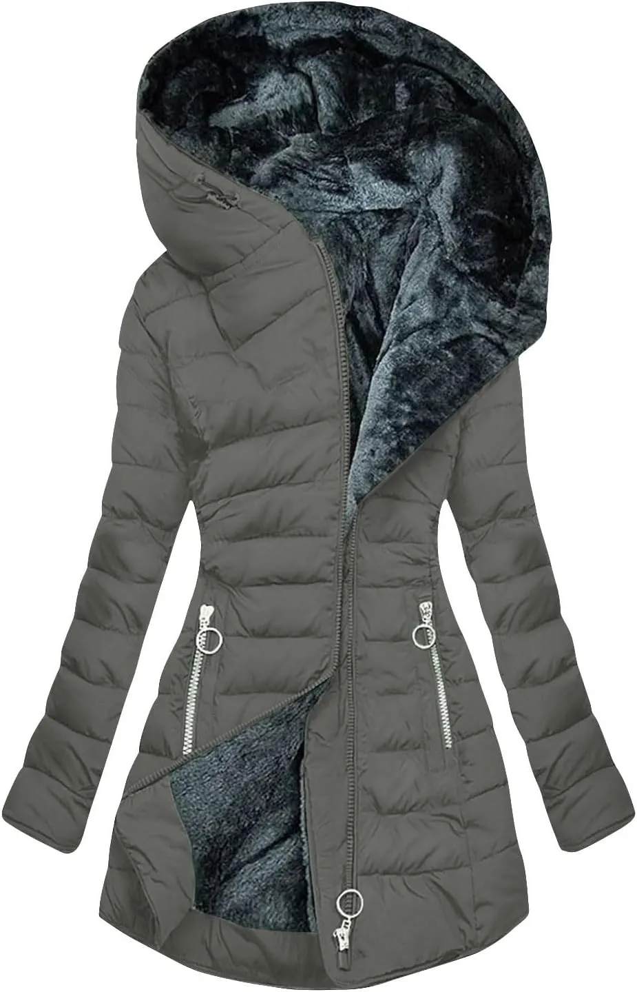 Women'S Long Jacket Fleece Zip Up Jacket Quilted Puffer Hooded Coat With Pockets Sherpa Lined Jacket Parkas Coat