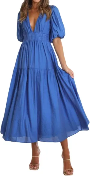 Womens Maxi Dress Deep V Neck Puff Short Sleeve Tiered Dresses Elastic High Waist Flowy A Line Dresses Party Dress