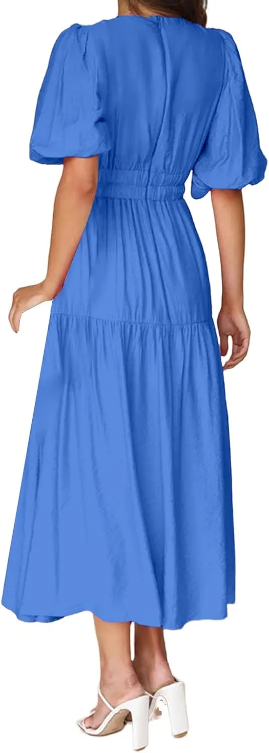 Womens Maxi Dress Deep V Neck Puff Short Sleeve Tiered Dresses Elastic High Waist Flowy A Line Dresses Party Dress